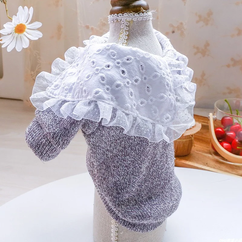 1PC Pet Clothing Cat Spring and Autumn Pullover Dark Grey Retro Lace Fake Two Pieces Suitable for Small and Medium Dogs