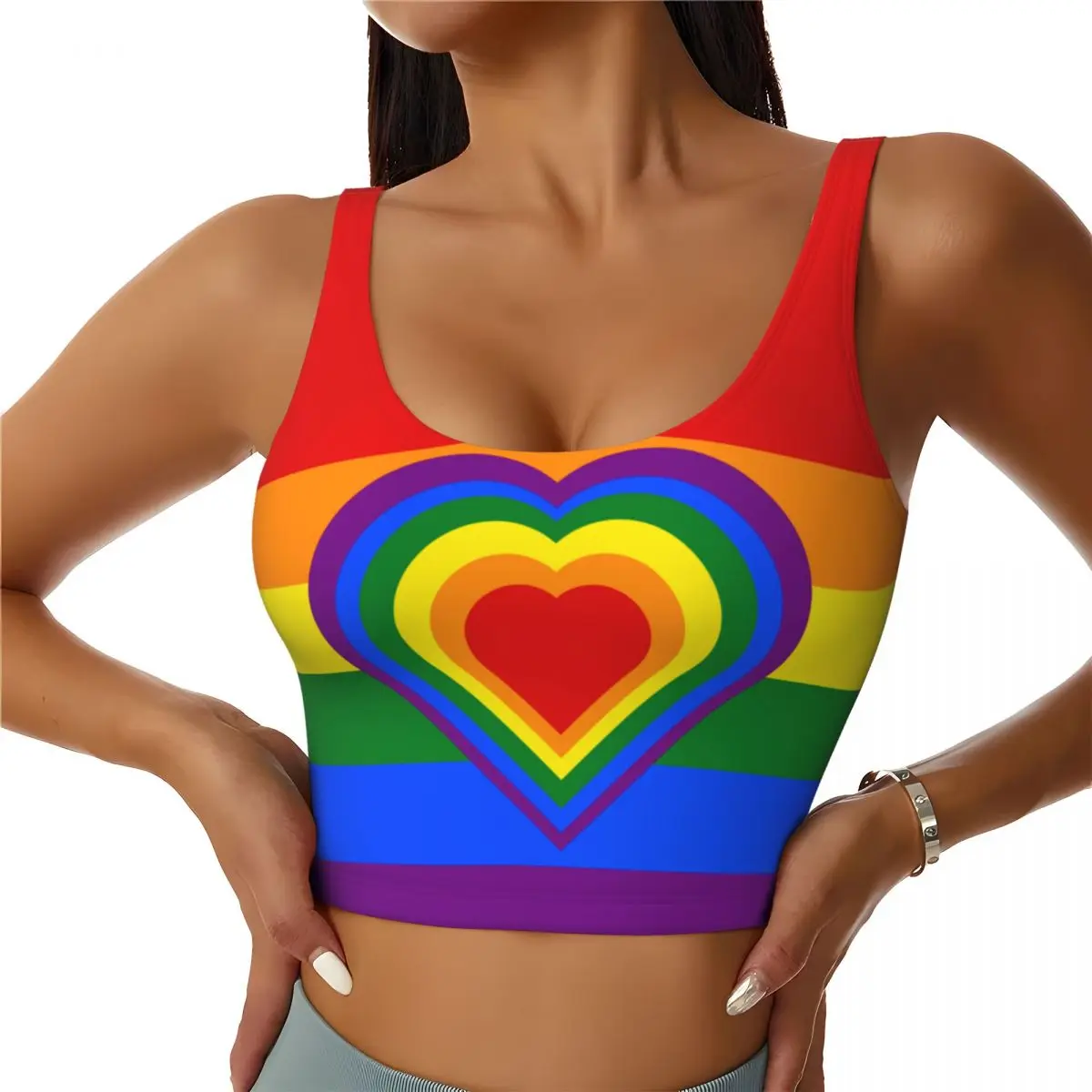 Bandera del arco iris con corazones Tops básicos mujeres Samba Sexy cuello en V Yoga Fitness deportes Tops