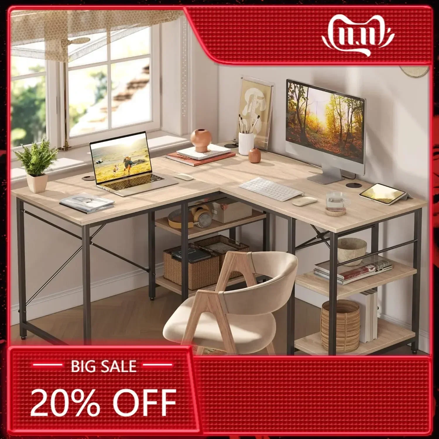 

Горячая распродажа: Угловой компьютерный стол Bestier L-образной формы с полками, 86,6 дюйма, реверсивный, или длинный стол для двоих для домашнего офиса