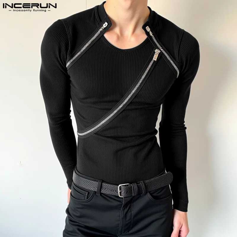 2024 Casual Long Sleeve Zipper Design Camiseta INCERUN Men Well Fitting Tops Deconstruction Texture Knitted Round Neck T-shirts