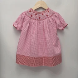 Children Boutique Clothing Summer Girls Short Sleeves Handmade Smoked Dress Pink Skirt Heart-shaped Embroidered Siblings Outfit