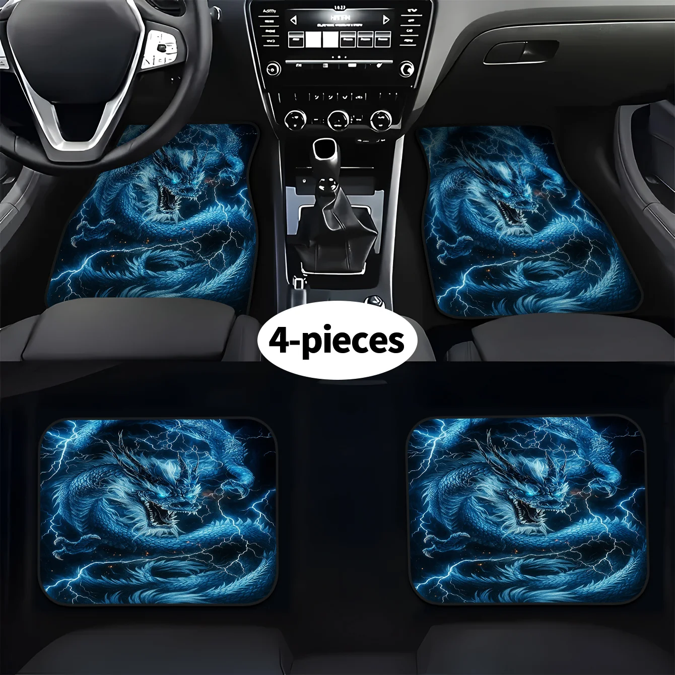 A Set Of Four High-End Blue Dragon Patterned Car Interior Additions Mats, Easy To Clean, Suitable For Both Front And Rear Seats,