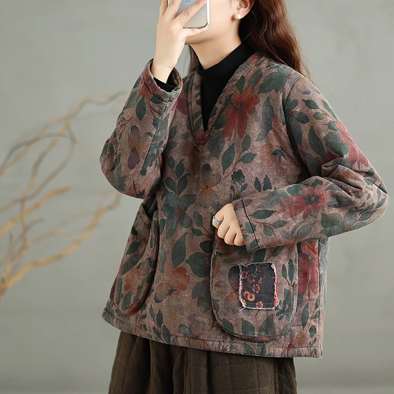

Autumn Winter New Sle Retro Cotton Linen Floral V-ne Loose Versatile Double-sided Wear Hooded Cotton Top Women's Clothing