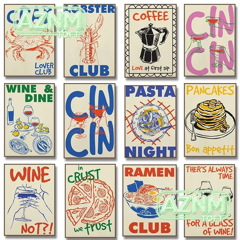 Trendy Coffee Cheers Print Posters Retro Wine Pasta Night Food Print Canvas Painting Bar Club Wall Art Room Kitchen Home Deco