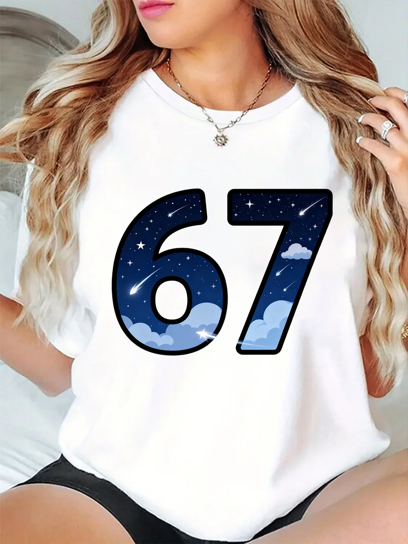 Cute Number 67 Starry Sky Cloud Meteor Cosmic Design Art Print Graphic Ladies T Shirt Short Sleeve Crew Neck Casual Tee Tops