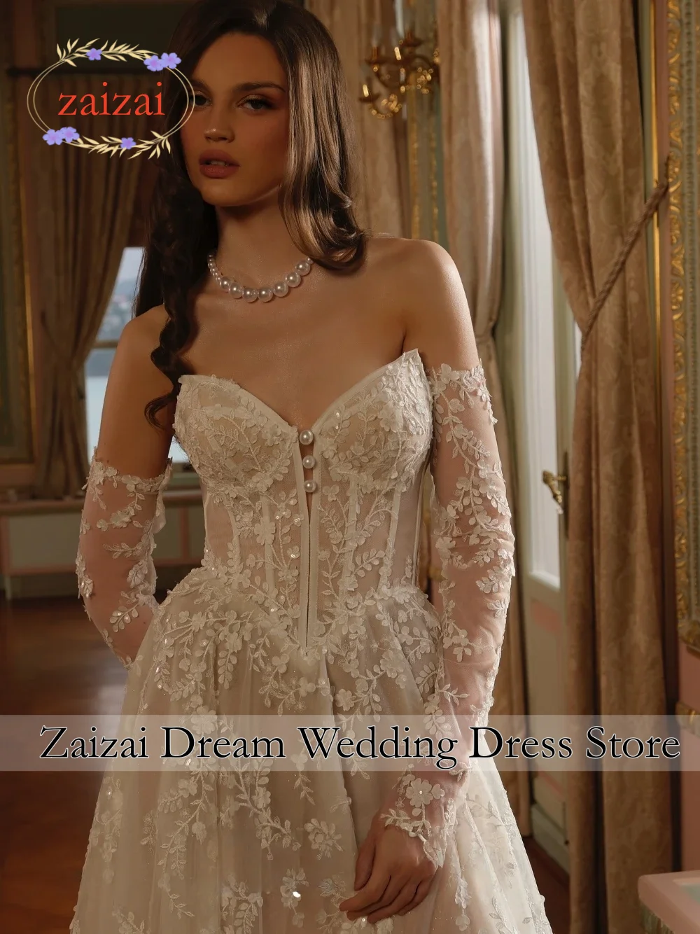 Customized Fancy Women's Wedding Dress A-line Sweetheart Full Sleeves Lace Appliques Zipper Brush Train Vestidos de Novia