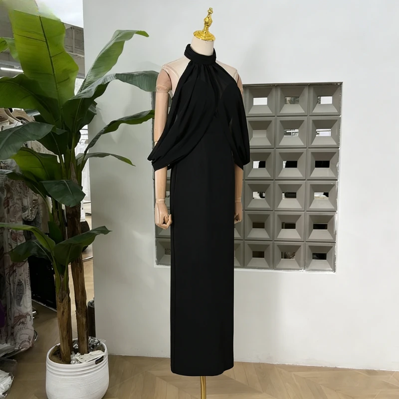 KBQ Black Loose Spliced Folds Chic Dresses for Women Halter Sleeveless Gentle Intellectual Dress Female Summer Fashion New Style