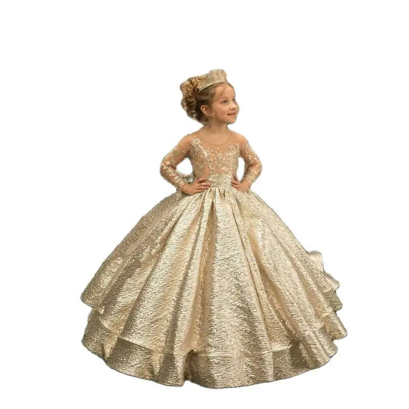 Exquisitos vestidos largos de princesa para niños, vestidos de niña de flores, apliques de lentejuelas, lazo, vestido de baile de fiesta de boda, manga completa, bata de desfile de cumpleaños