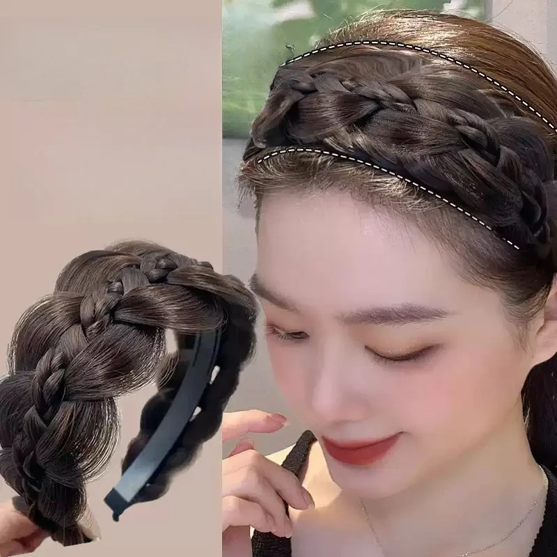 New Women Wide Edge Twist Fishbone Wig Hairband Cover Gray Hair Headwear Fashion Braid Headband