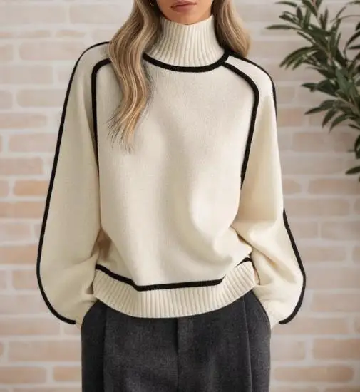 

Winter High Neck Three-Dimensional Striped Casual Loose Pullover Sweater Knitted Sweater for Women's Fashion Knitted Sweater