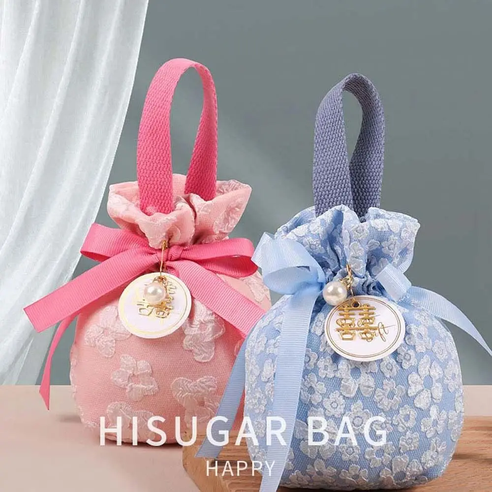 Sakura Canvas Floral Drawstring Bag Pearl Pendant Satin Bow Ribbon Bow Wrist Bag Wedding Candy Bag Coin Purse Wallet