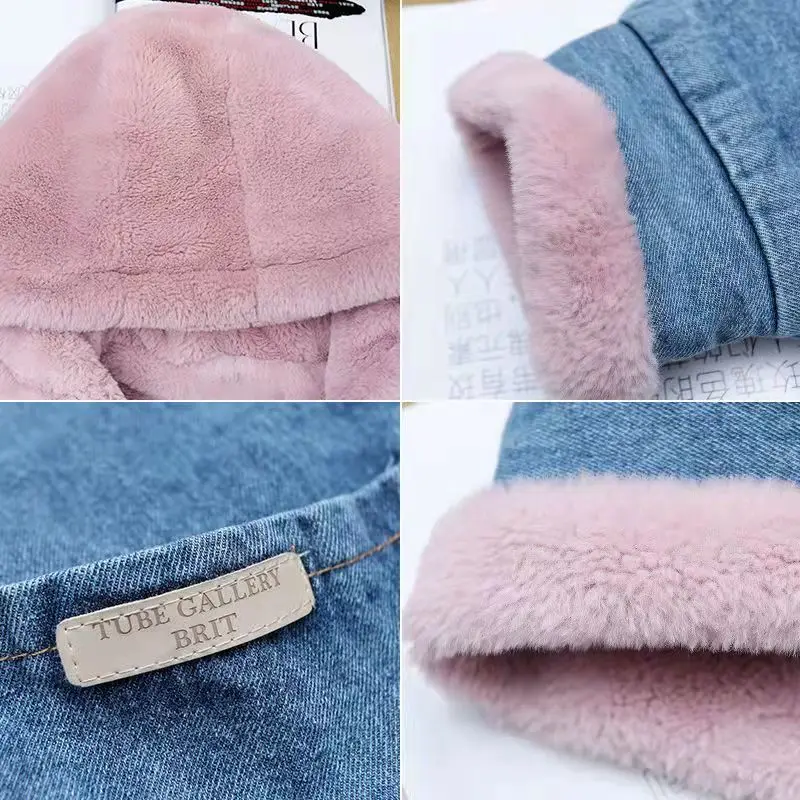 Short Winter 2024 for Cold Crop Hooded Woman Jean Coat with Fur Plush Warm Padded Outerwear Pink Denim Jacket Women Small Models