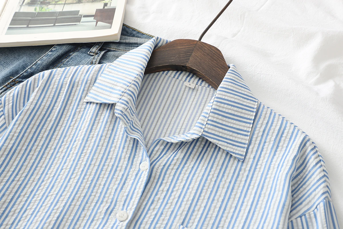 2025 تصميم جديد رائع أزرق أسود مخطط قميص المرأة عادية كم طويل بلوزة قطن وبلوزات سيدة مكتب قمصان الملابس