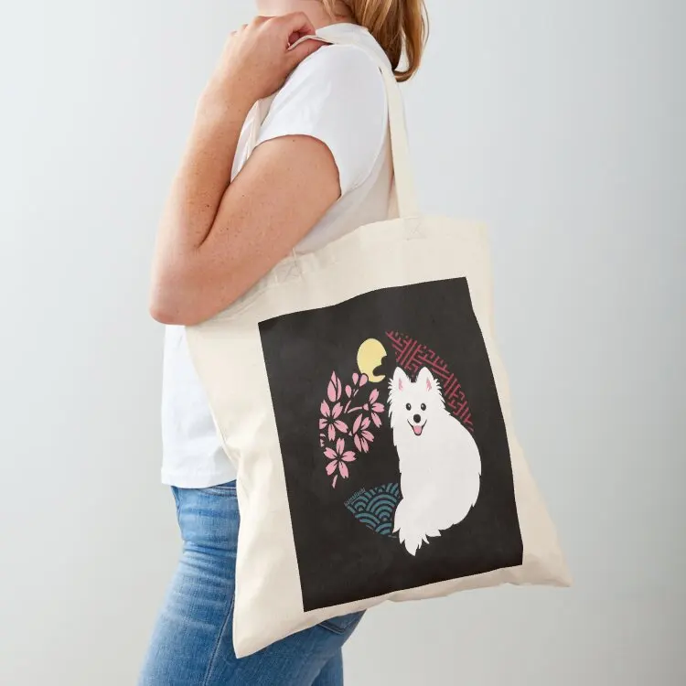 

Happy Spitz Dog & Sakura - Japanese Kirie Paper Cutting Art Style (Black) Tote Bag Fabric bag tote bags men tote bag