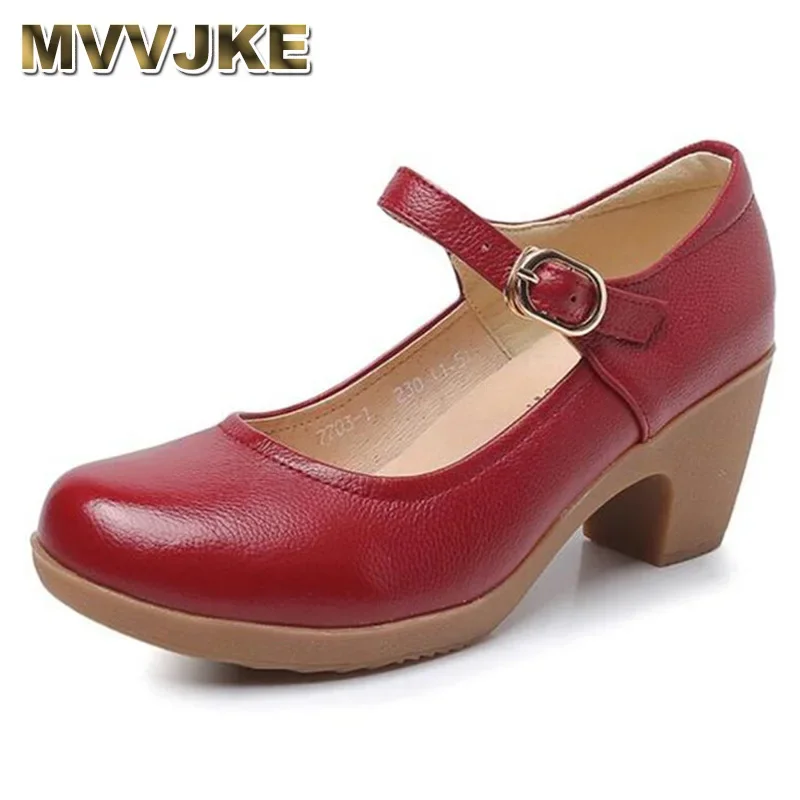 MVVJKE  Genuine Leather Shoes Women Round Toe Pumps Sapato feminino High Heels Shallow Fashion Black Work Shoe Plus Size