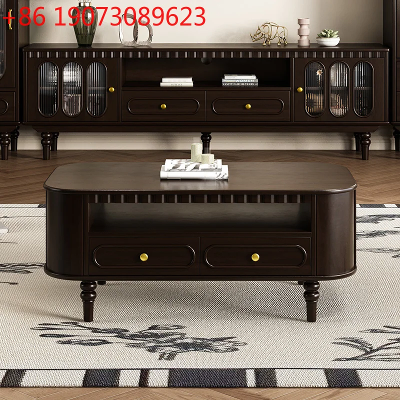 

French pure solid wood coffee table American house type full solid wood glass retro coffee table