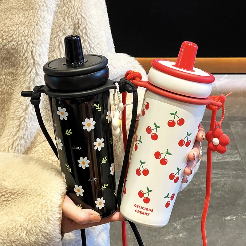 Ceramic Insulation Cup Large-capacity Portable Water Cup with Carry Rope Can Be Back Straw Ice Bar Cup Car Cups