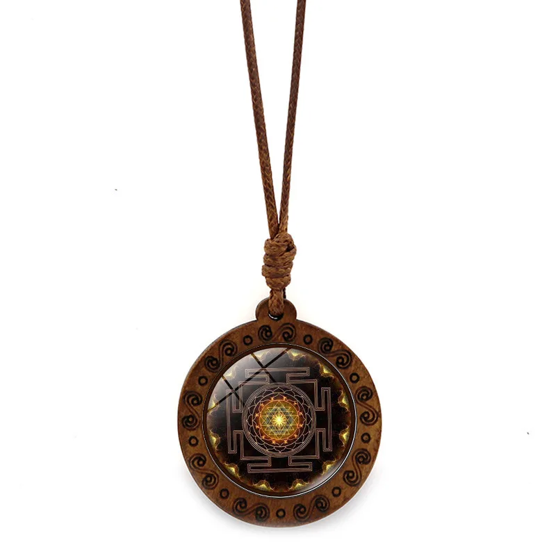 Mandala Hexagram Magic Array Time Gem Wooden Pendant Retro Brown Wax Rope Necklace