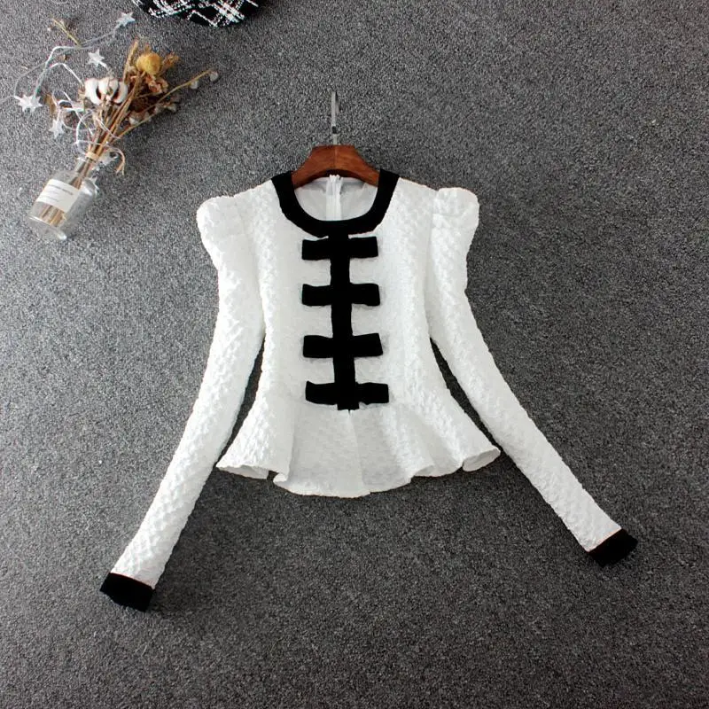 French Style Autumn Shirt Ruffles Women Bow All-Match Female Elegant Blouse Fashion Vintage Basic Puff Long Sleeve Short Tops