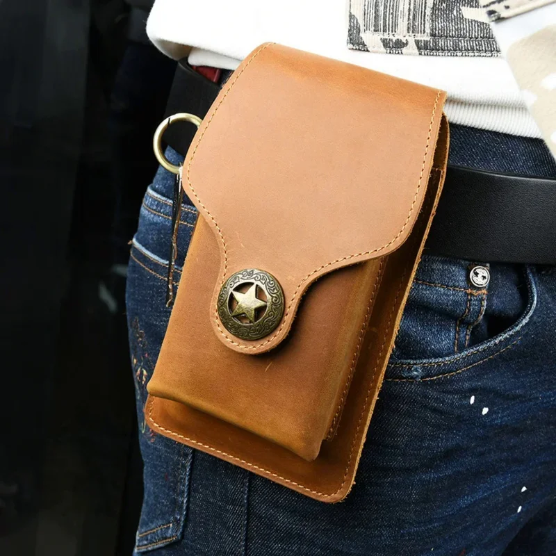 AIGUONIU Genuine Leather Waist Bag Men Vintage Crazy Horse Cowhide Mini Belt Waist Pack Cigarette Case Pouch Male Lighter Pocket