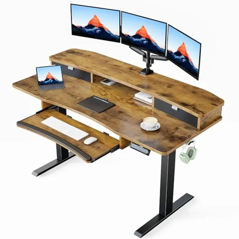 Electric Standing Desk with 2 Drawers & Large Keyboard Tray C-Clamp Mount Compatible Adjustable Height Organized Workspace &