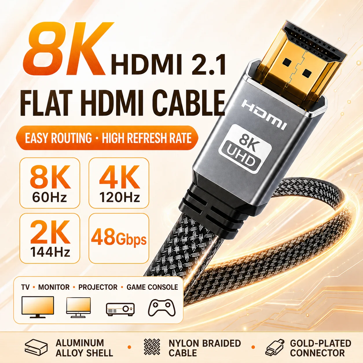 8K HDMI Cable 2.1 Flat Nylon Braided 48Gbps High Speed Cord Gold Plated Connector for HDTV Monitor Gaming Console 0.5-5M
