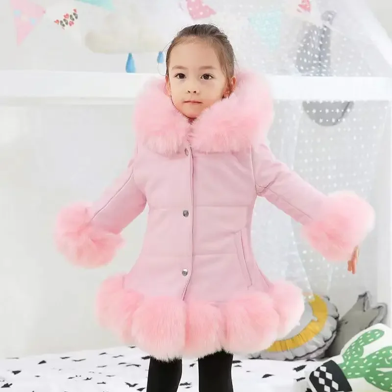 Kids red girl\'s PU leather fox faux fur collar jacket Eid coat down parkas thicken princess winter outerwear fur Christmas coat