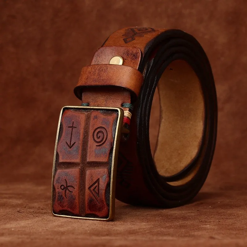 Hand-carved patterned smooth belt for men leather pure board