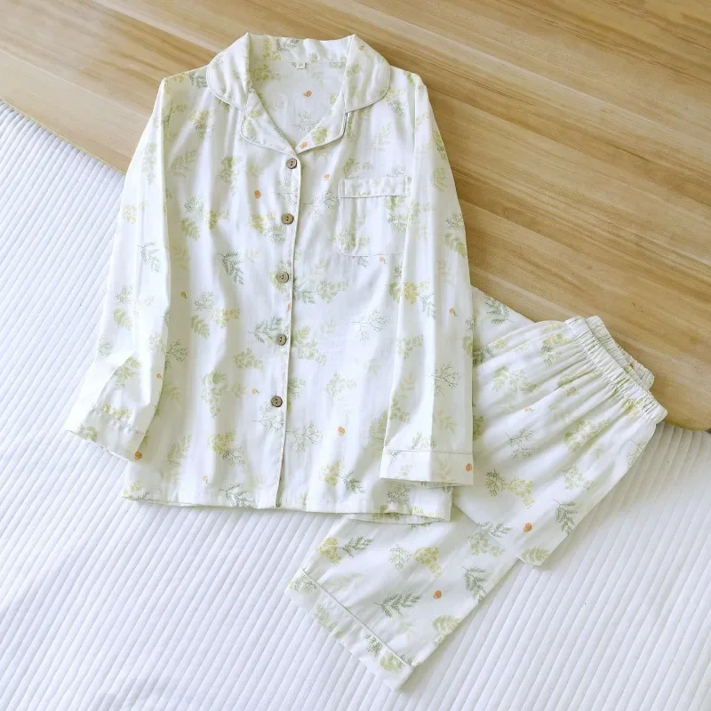 

2025 New Spring and Autumn Women's Pajama Set 100% Cotton Gauze Simple Long Sleeve Long Pants Two Piece Home Clothing Set