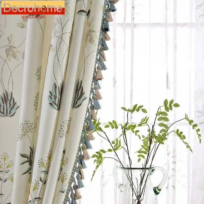 

Printing Curtains for Living Room Bedroom Dining Korean Nordic Cotton Linen Elegant High Shading Lace Windows Door Pastoral