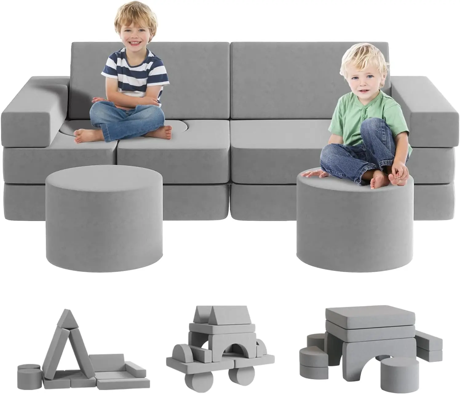 Kids Play Couch13PCS, Modular Couch with 2 Ottomans, Fold Out Couch for Playroom Bedroom, Modular Couch for Boys