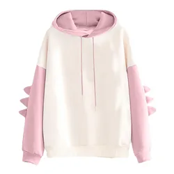 Women's Dinosaur Oversize Cartoon Hoodie Printed Long Sleeve Contrast Color Pullover Warm Sweatshirt Coat Kawaii Blouse