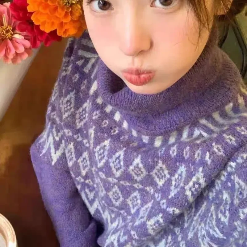 

Мягкий восковой пуловер с высоким воротником в стиле ретро и ромбами для женщин, новый осенний свободный вязаный топ с ленивым низом