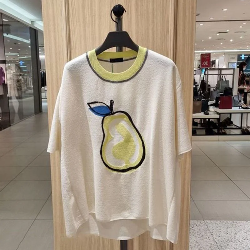 

plus Size 300 Pounds Women's T-Shirt Short Sleeve Loose Fit Fruit Pattern Summer Korean Style Cover up for Pear Body Types