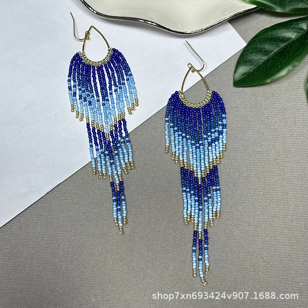 ZGMXR Rice bead earrings Tassel Geometry Hand weaving Alloy Woman Fashion Bohemia Simple Pattern Beaded earrings
