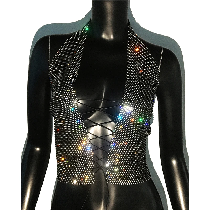 See Through Mesh Tank Top Shiny Rhinestone Hollow Out Bandage Camisole Sexy V Neck Backless Nightclub Crop Top Women Party Top