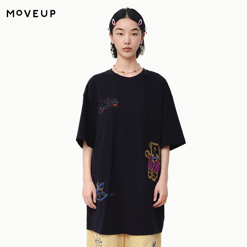 

MOVEUP Short Sleeves Round Neck T-Shirt 2026 Spring Pure Cotton Cartoon Embroidered Drop Sleeves Casual Top For Women 325110509