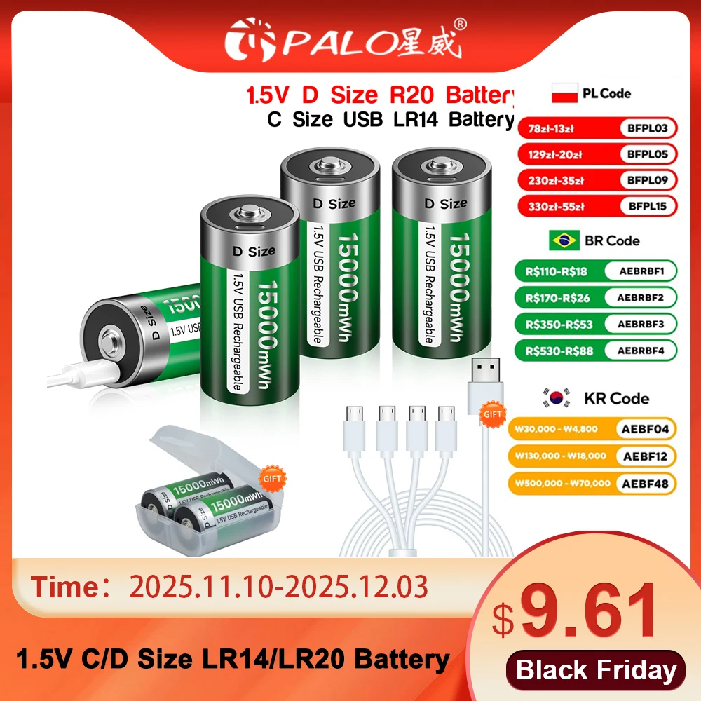 Bateria recarregável tamanho 1.5v d lr20 baterias de íon-lítio tamanho c bateria recarregável tipo c carregamento usb r14 lr14 bateria de lítio