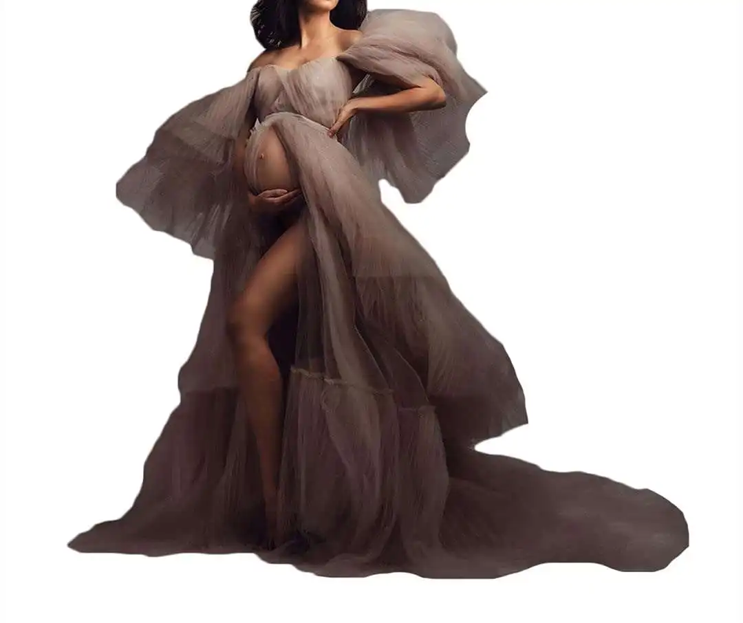 Sexy Evening Dresses for Women Off Shoulder Pregnancy Photography Tulle Ruffle Tiered Robes Baby Shower Maternity Party Gown