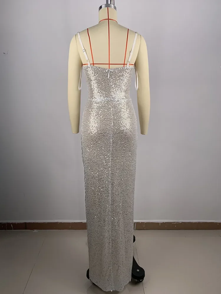 Women Summer Sexy Crystal Diamonds Silver Sequins Long Bodycon Dress 2024 Elegant Party Evening Stage Performance Dress Vestido