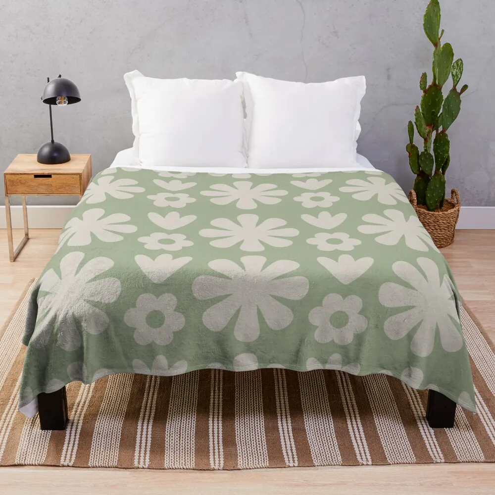 Scandi Floral Grid Retro Flower Pattern in Sage and Beige Throw Blanket Large Heavy Plush Blankets