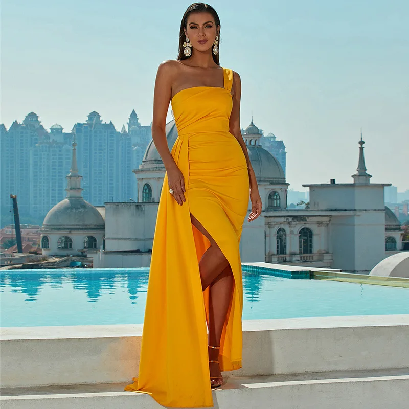 

One Shoulder Wrap Hem Satin Dress Evening New Women Sleeveless Floor Lenght Bodycon Backless Maxi Prom Yellow Dress