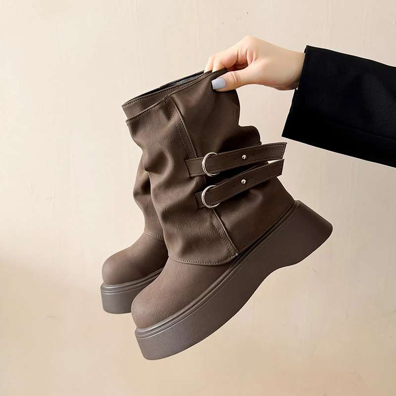 

2025 New Platform Flats Ankle Boots for Women Fashion Buckle Shoes Designer Winter Woman Chelsea Short Boot Женские Сапоги