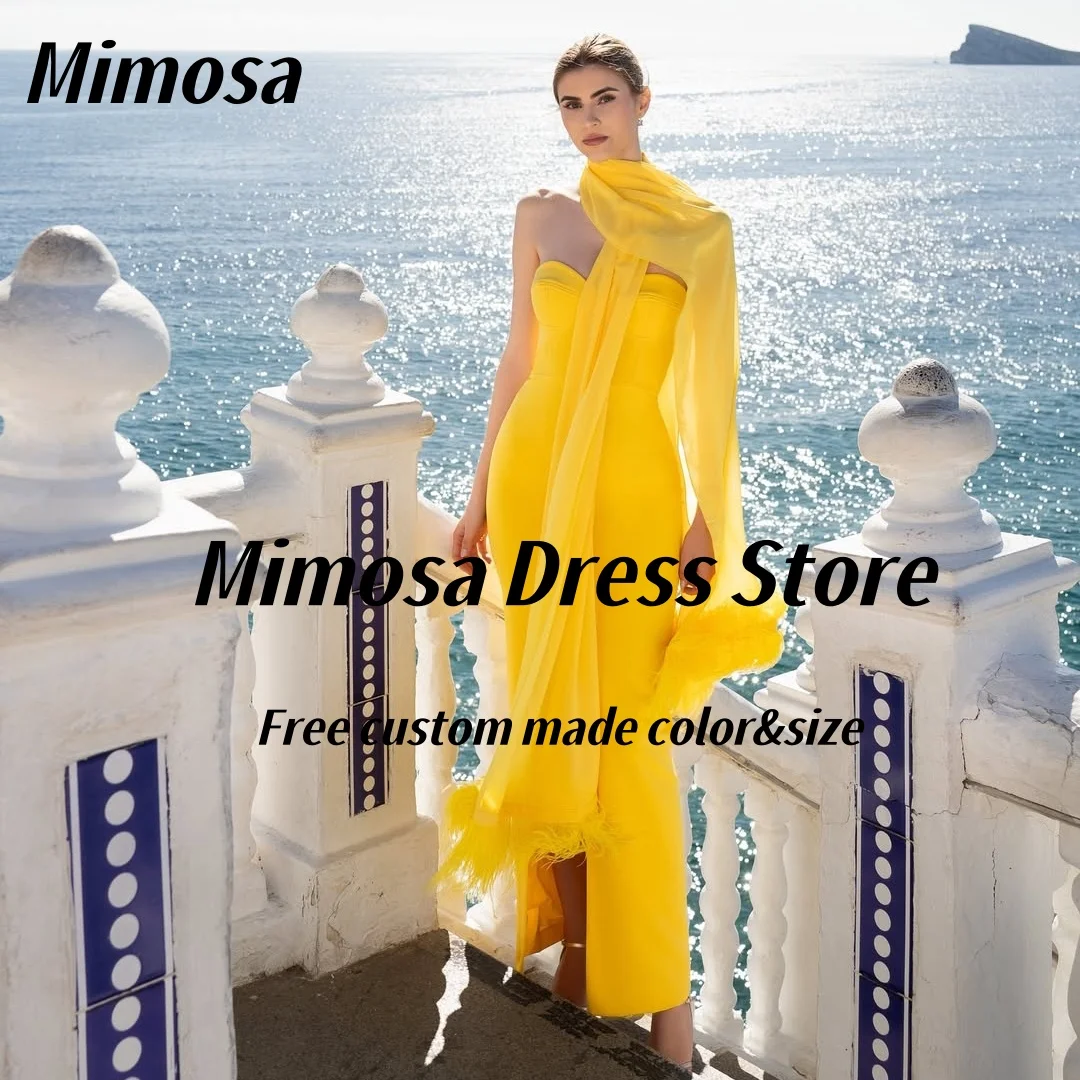 

Mimosa Prom Dresses 2025 Sweetheart Front Slit Evening Dress with Feathers Shawls Special Wedding Party Gowns Customized