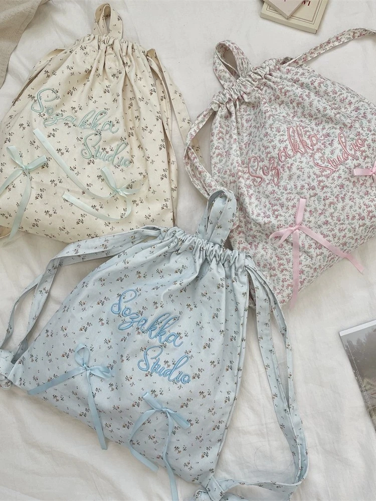 Floral Print Drawstring Backpack Bow Detail Embroidered Letter Polyester Student Travel Shoulder Bag