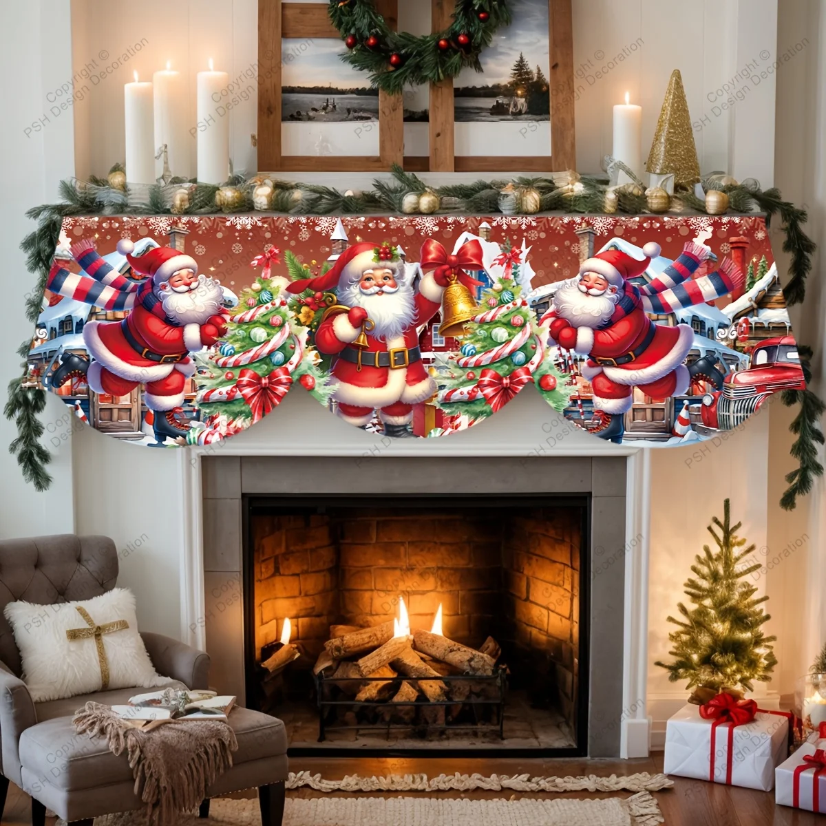 Christmas Fireplace Mantel Scarf Cartoon Skiing Santa Mantel Topper Xmas Fireplace Shelf Cover Winter Holiday Indoor Home Decor