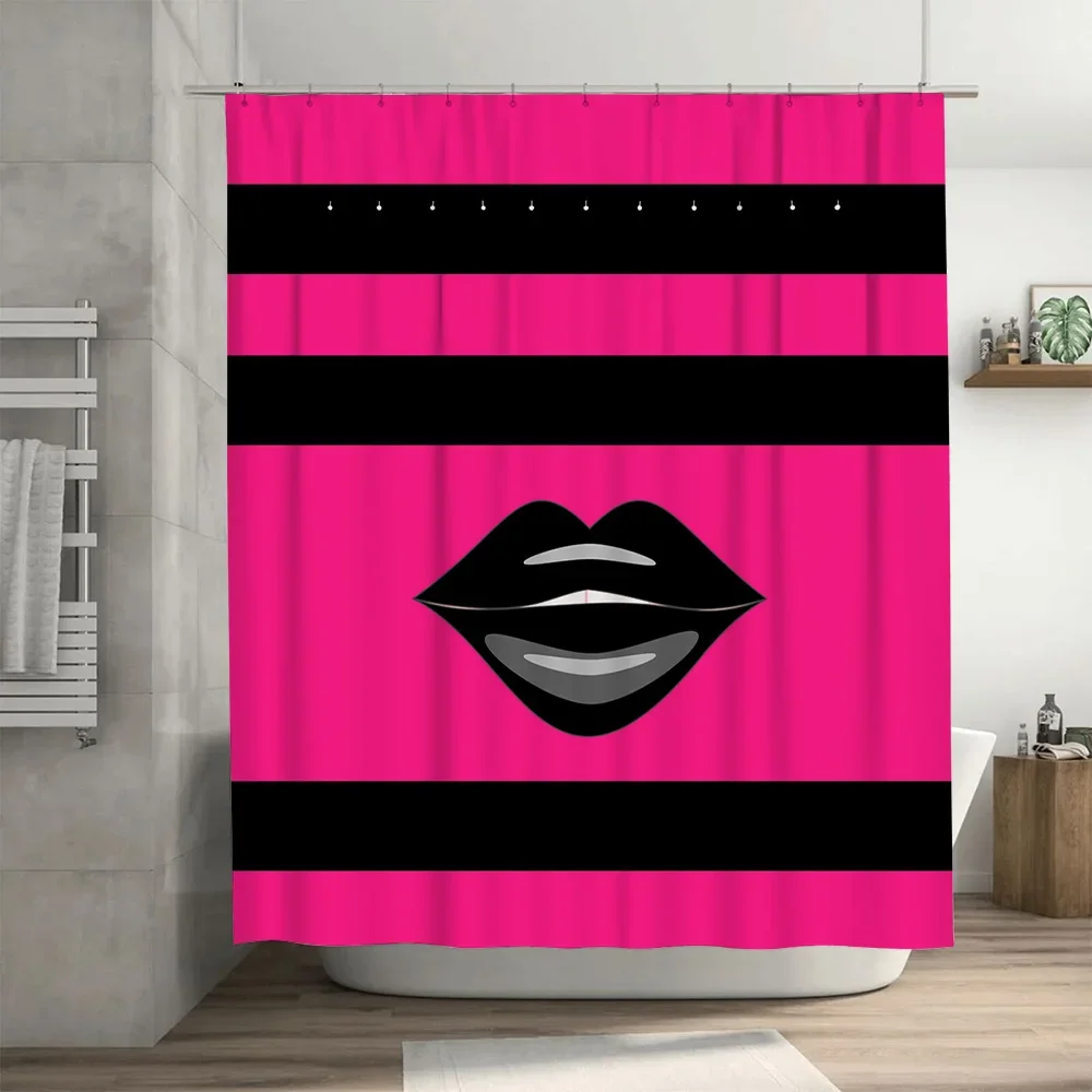 Bright Pink Black Striped Shower Curtain with Lip Design for Bathroom Decor Waterproof Bath Liner view 3
