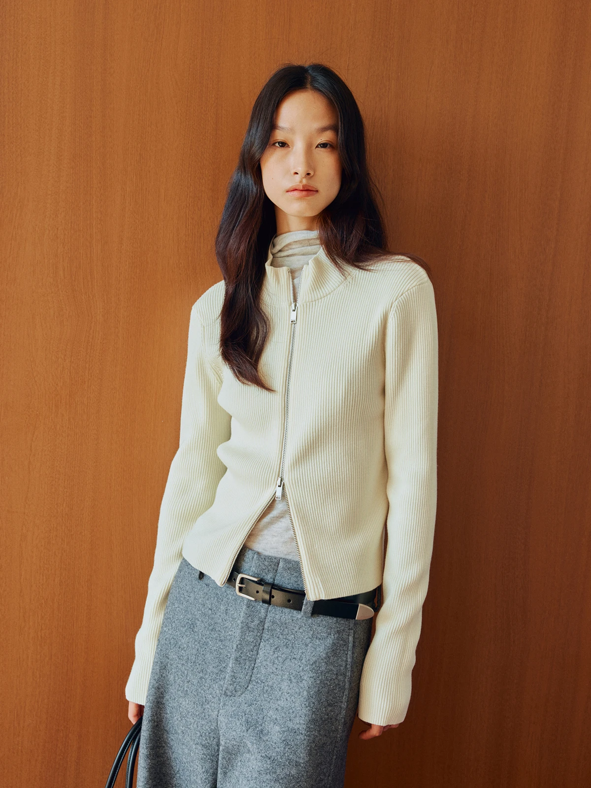 

Вязаный шерстяной кардиган Marllen с двойной молнией, вставками на плечах и простой повседневной отделкой, женский свитер