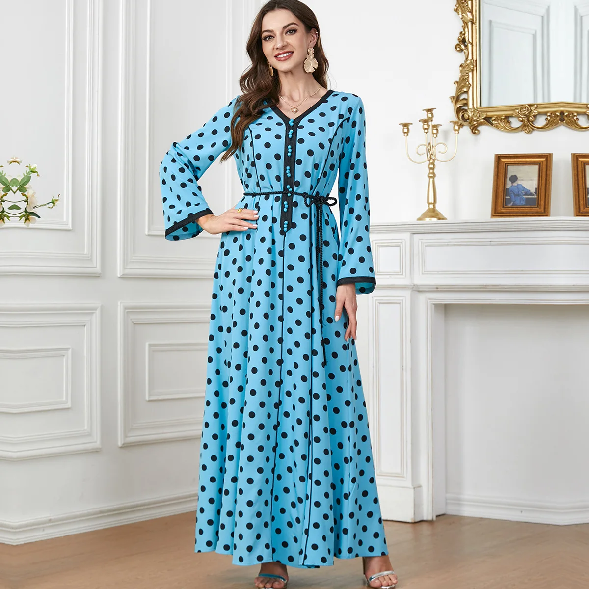 

Long Polka Dot Dress for Women Middle East Dubai Arab Moslem Fashion Style Combination Islamic Moroccan Women's Dress Summer New