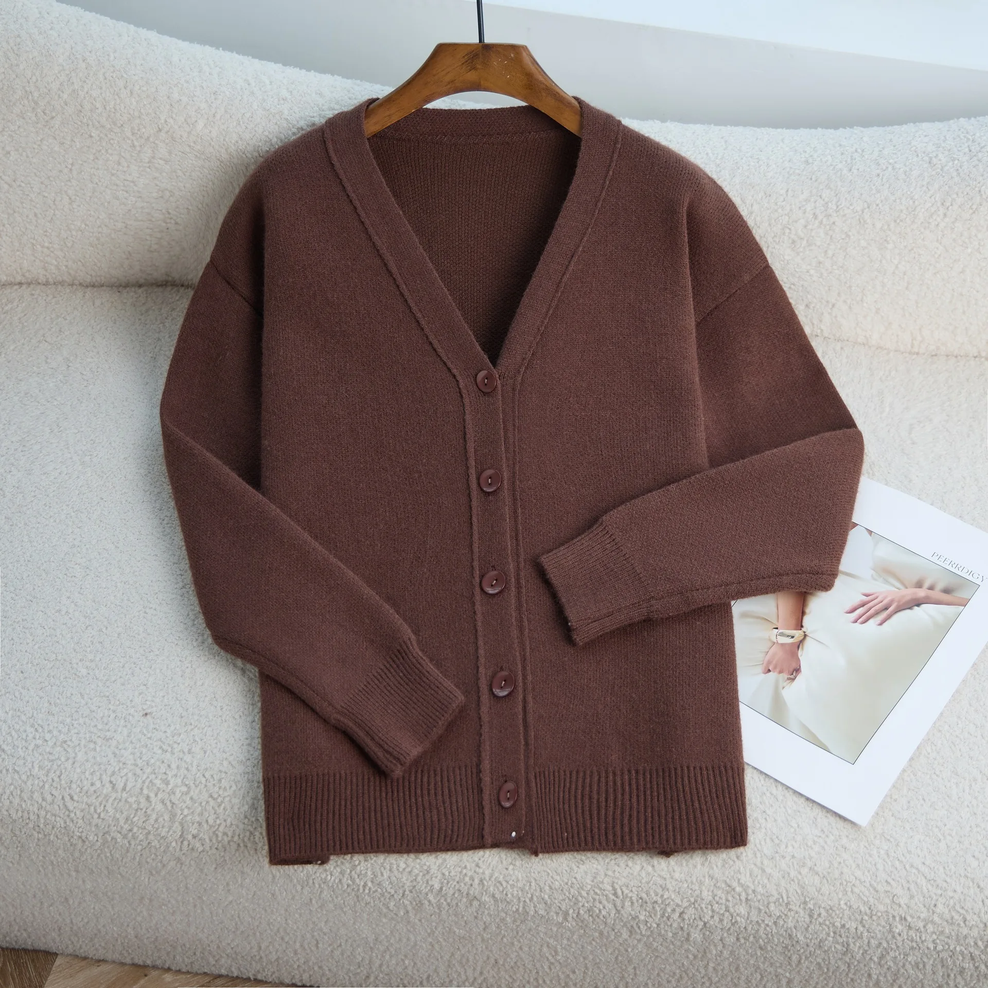

2025 Autumn and Winter Solid Color Single Breasted Knitted Cardigan Loose Long Sleeved V-neck Sweater Women's Coat
